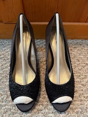 Bandolino Black Beaded Peep-Toe Heels